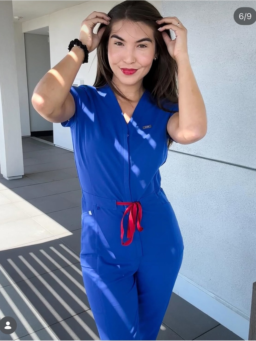 Figs Royal Blue Short-Sleeve Jumpsuit with Red Drawstring